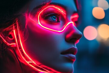 Woman with neon mask illuminated by city lights during the evening in a vibrant urban setting