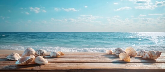 Obraz premium Wooden table with seashells placed on a sandy beach under a bright blue sky with gentle waves and soft clouds creating a tranquil seaside scene