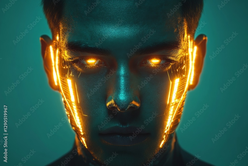 Poster Futuristic portrait of a person with glowing circuitry on their face and a striking expression in a dimly lit environment