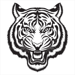 Fierce Black and White Tiger Head Vector Illustration - Safari Animals Clipart Silhouette