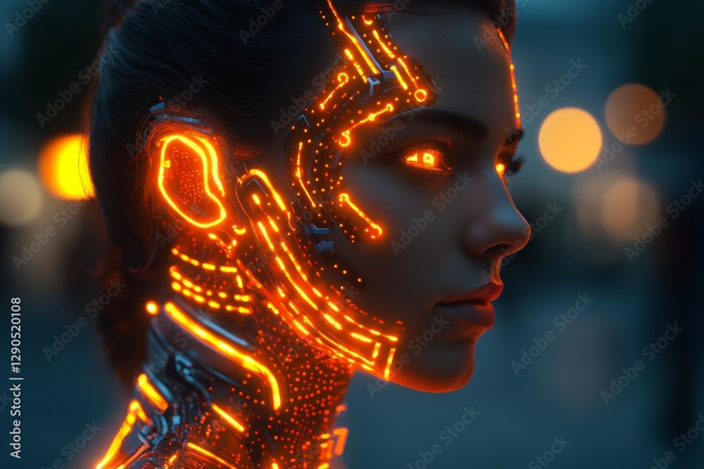 Aufkleber cybernetic figure illuminated by glowing circuits amidst a blurred urban background at twilight