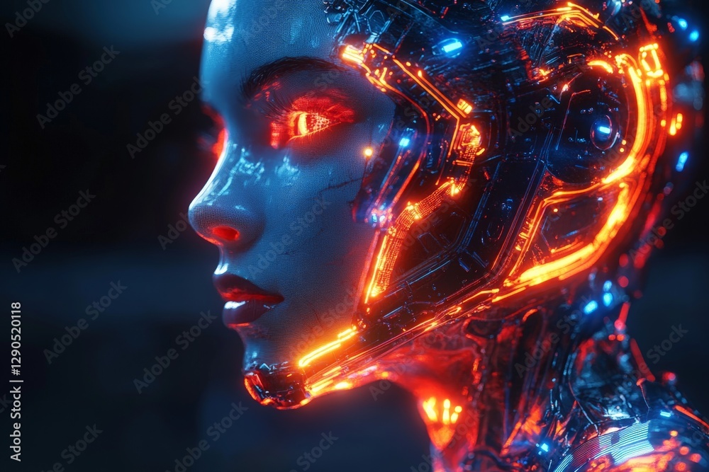 Fototapete futuristic robot with glowing design and intricate details in a dark environment during nighttime