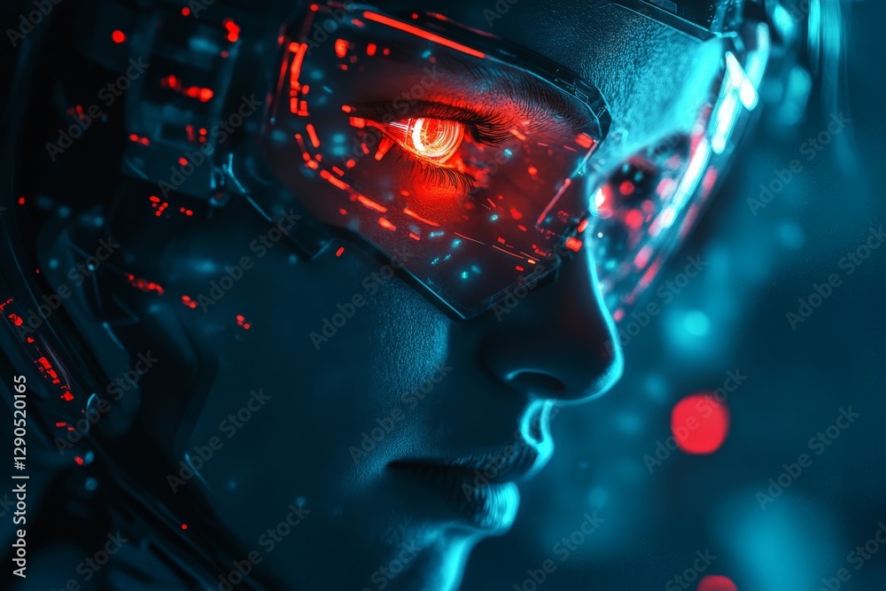 Aufkleber futuristic portrait of a cyborg with glowing eye and cybernetic enhancements in a digital environmen