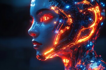 Fototapeta premium Futuristic robot with glowing design and intricate details in a dark environment during nighttime