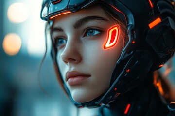 Futuristic portrait of a young woman in a high-tech helmet with glowing accents in an urban setting