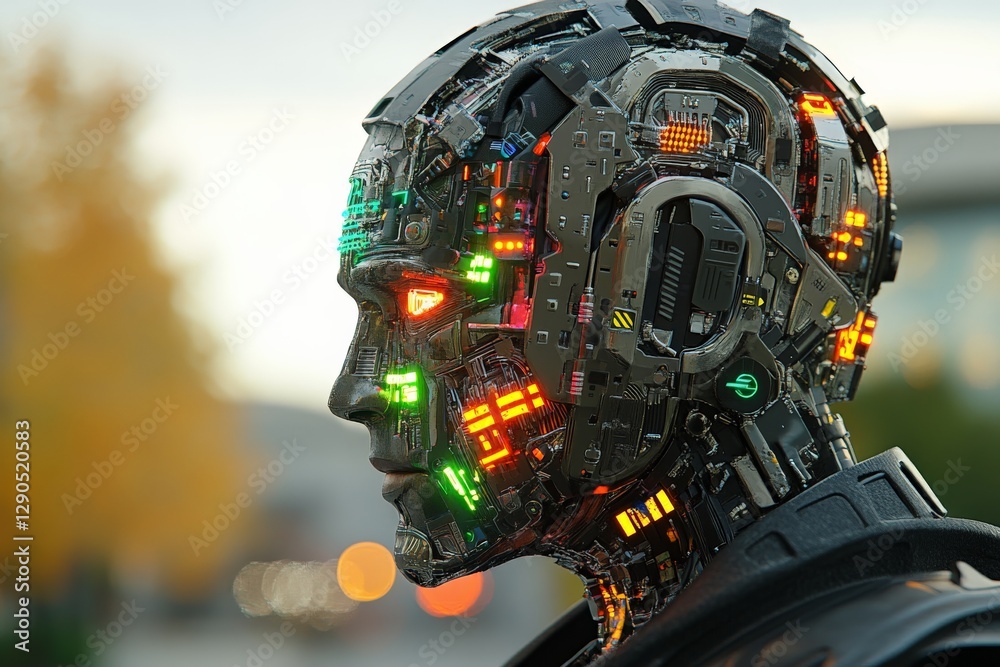 Poster futuristic robotic head with illuminated features displayed outdoors during twilight