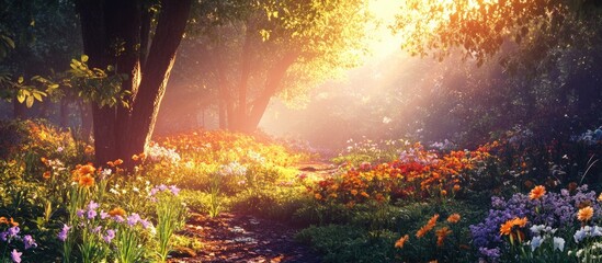 Fototapeta premium Sunlit forest path with vibrant flowers in orange, purple, and yellow hues; warm golden light filtering through lush green trees in the background.