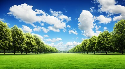 Obraz premium Vibrant Green Field with Lush Trees Under a Blue Sky
