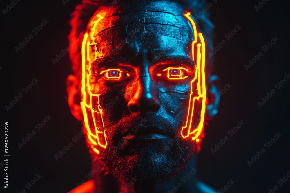 Aufkleber futuristic male face with glowing neon patterns against a dark background in a captivating artistic 