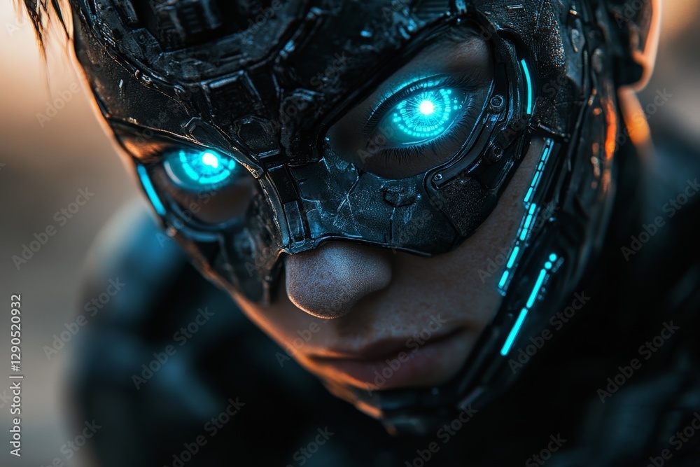 Poster futuristic character with glowing blue eyes in a dark, high-tech setting showcasing advanced cyberne