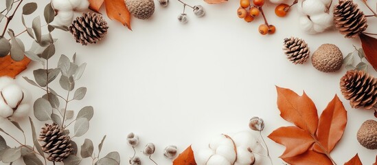 Autumn-themed arrangement featuring orange leaves, pinecones, cotton, and berries on a soft white background, creating a cozy seasonal frame.