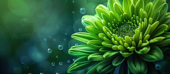 Lush green flower with intricate petals positioned left, sparkling water droplets on a soft green blurred background, ample copy space on right.
