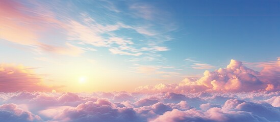 Fototapeta premium Morning sky with soft pastel pink and orange hues amidst fluffy clouds, illuminated by bright sun rays, creating a serene atmosphere.