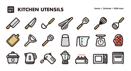 Kitchen utensils illustration icon set.Simple vector outlines, clipart for graphic design.