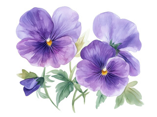 Elegant Watercolor Painting of Purple Pansies Blooming in Full Splendor
