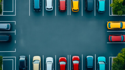 Fototapeta premium Aerial view of a parking lot filled with various colored cars, neatly organized with clear lanes and greenery on the sides.