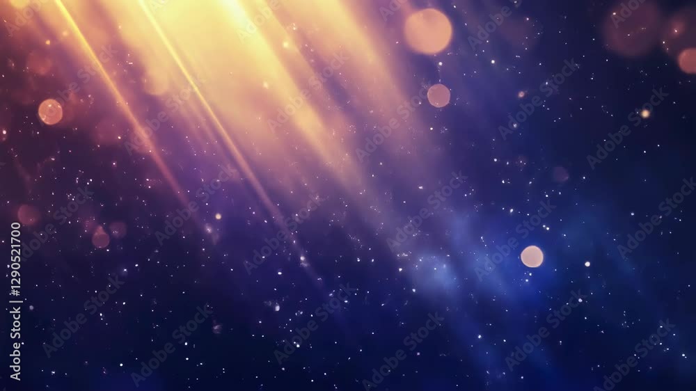 Wall mural golden light rays and glowing bokeh particles on a dark blue background. abstract cosmic and festive