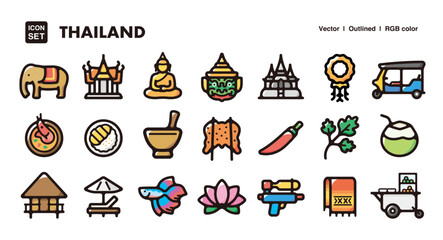 Obraz premium Thailand illustration icon set.Simple vector outlines, clipart for graphic design.