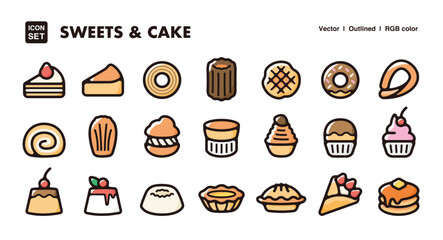 Sweets and cake illustration icon set.Simple vector outlines, clipart for graphic design.