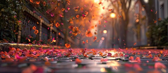 Fototapeta premium Autumn street scene with colorful flower petals scattered on cobblestone path illuminated by soft sunlight, creating a tranquil atmosphere.