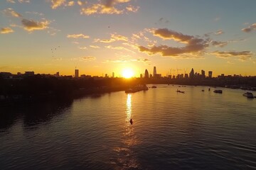 Naklejka premium Drone captures stunning sunset over London skyline reflecting on the river, Drone Over City Of London At Sunset Part 2