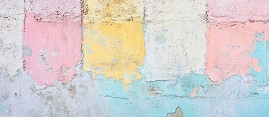 Faded pastel wall with chipped paint in soft tones of pink, yellow, and blue creating a textured background, oriented horizontally.