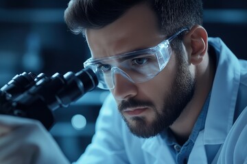 Male scientist using a microscope in a laboratory. Focused researcher wearing protective glasses conducting scientific analysis. Medical and research innovation