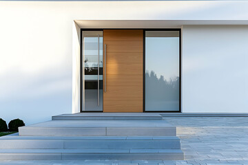 Wooden pivot door with glass inserts and white facade during morning daylight.