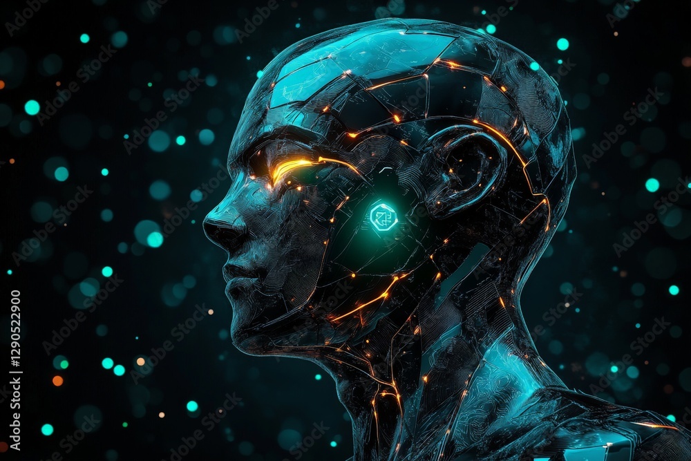 Aufkleber futuristic humanoid robot with glowing circuits and bright details against a dark background