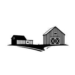Minimalist rural scene depicting a barn and a house with a connecting walkway, in black and white.