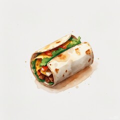 Watercolor Illustration of a Burrito with Meat Cheese and Vegetables