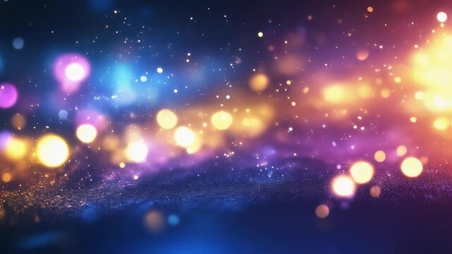 Magical cosmic lights dancing in space. Colorful bokeh effect with glowing particles floating in dark galaxy background. Abstract celestial animation for meditation, relaxation with copy space