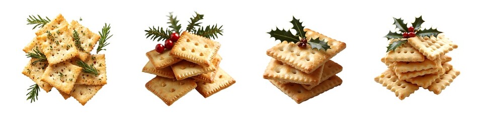 Set of Cheddar Holly Crackers with Christmas Decoration - Isolated on Transparent Background