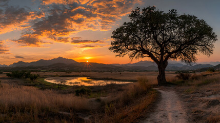 Sunset over mountain valley, lone tree, path, tranquil landscape, nature photography