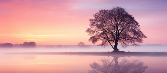 Obraz premium Serene Dutch landscape at sunrise with vibrant pink and purple hues, silhouetted tree on misty water reflecting soft gradients.