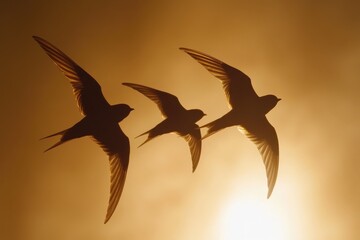 Swifts gracefully soar through the golden sunset sky in slow motion, swifts in a row fly through the sunset sky slow motion