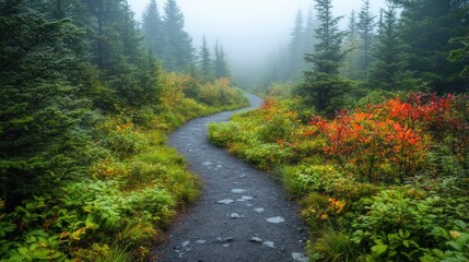 Fototapeta premium Winding path through misty autumn forest