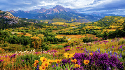 Fototapeta premium Autumnal mountain valley wildflowers, scenic landscape; travel poster