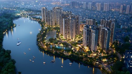 Naklejka premium Nighttime Cityscape Overlooking River with Modern Buildings and Luminous Urban Environment