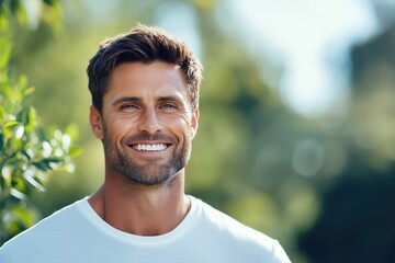 Fototapeta premium Smiling bearded man in white t-shirt outdoors in natural light. Confident and friendly portrait with greenery background. Happiness and positivity