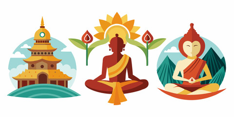 Buddhist symbols and meditation practices with sacred architecture and landscape