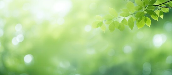 Soft green blur of nature with light ethereal bokeh effect, leafy branches in the upper left, creating a calming background atmosphere.