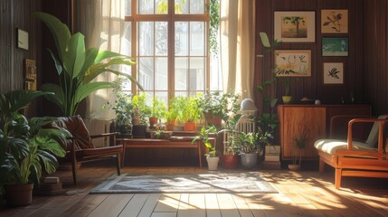 Cozy Reading Nook Bathed in Sunlight With Plants and Bookshelves in a Serene Indoor Space During the Afternoon