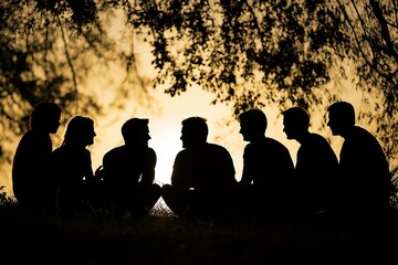 Fototapeta premium Silhouette of young adults in outdoor group discussion at sunset