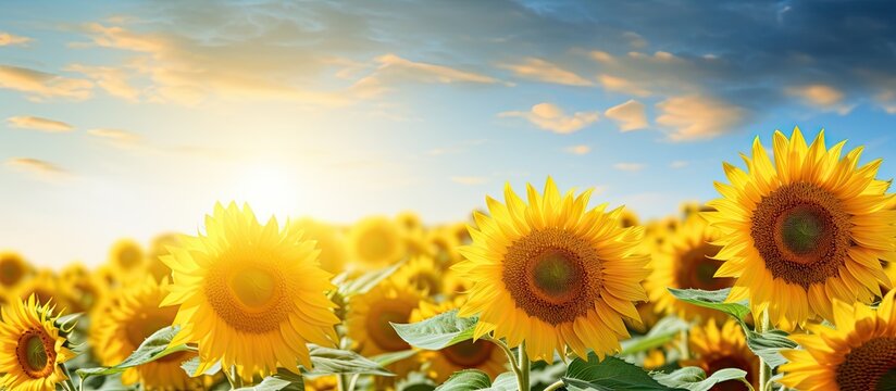 Vibrant sunflower field under a bright blue sky with golden sunlight illuminating yellow flowers in a scenic landscape.