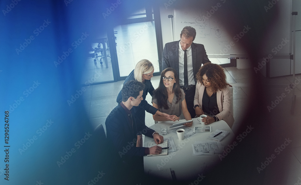 Poster collaboration, tablet and business people with documents for planning, analysis or online research. 