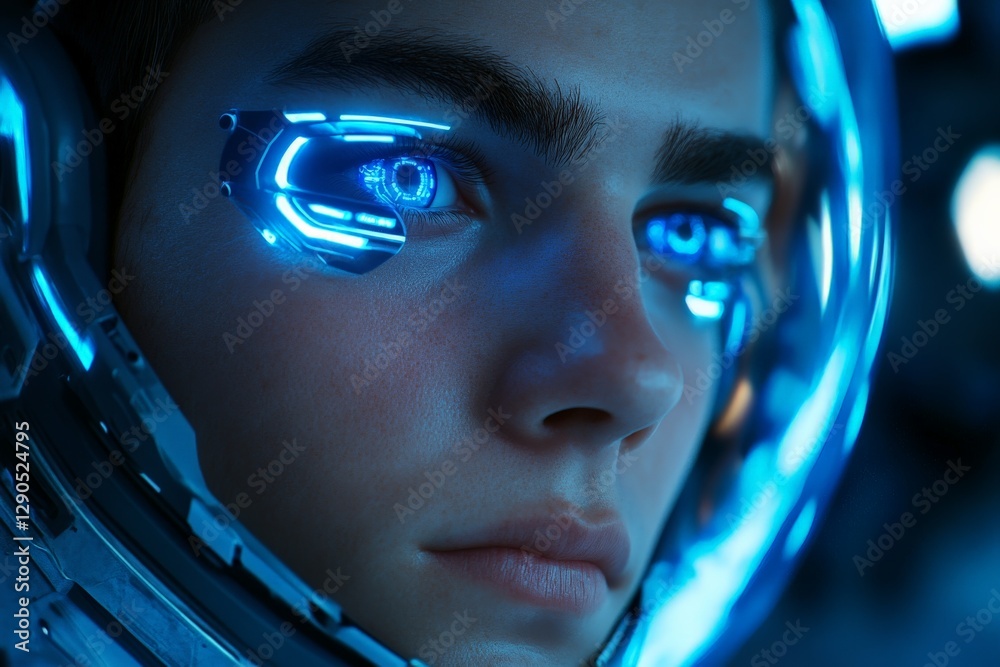 Poster Futuristic astronaut with glowing eyes in a high-tech space environment exploring the cosmos in a sleek helmet