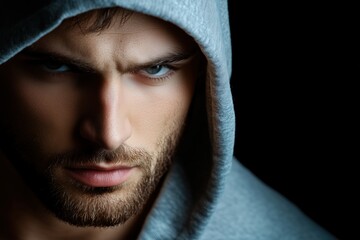 Serious man in hoodie with intense gaze in moody lighting. Dark and dramatic portrait with shadows. Mystery and focus