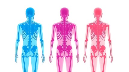 This image features three stylized human skeletons in blue, pink, and purple hues, showcasing anatomical details against a white background.
