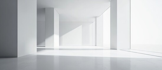 Fototapeta premium Minimalist interior space featuring bright white walls and floor, large windows casting soft shadows, clean lines and open layout for modern aesthetic.